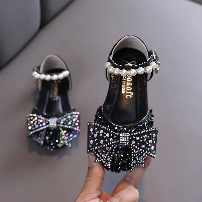 Girls' Leather Sandals with Sequin Bow Detail