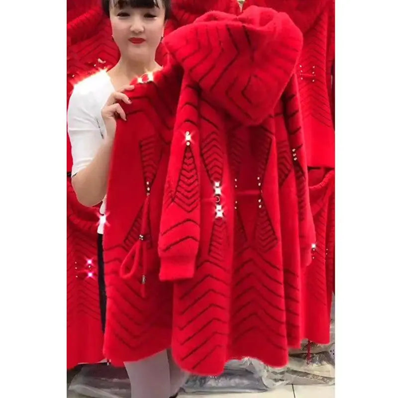 Women's Long Hooded Knit Cardigan Coat | Model Pink