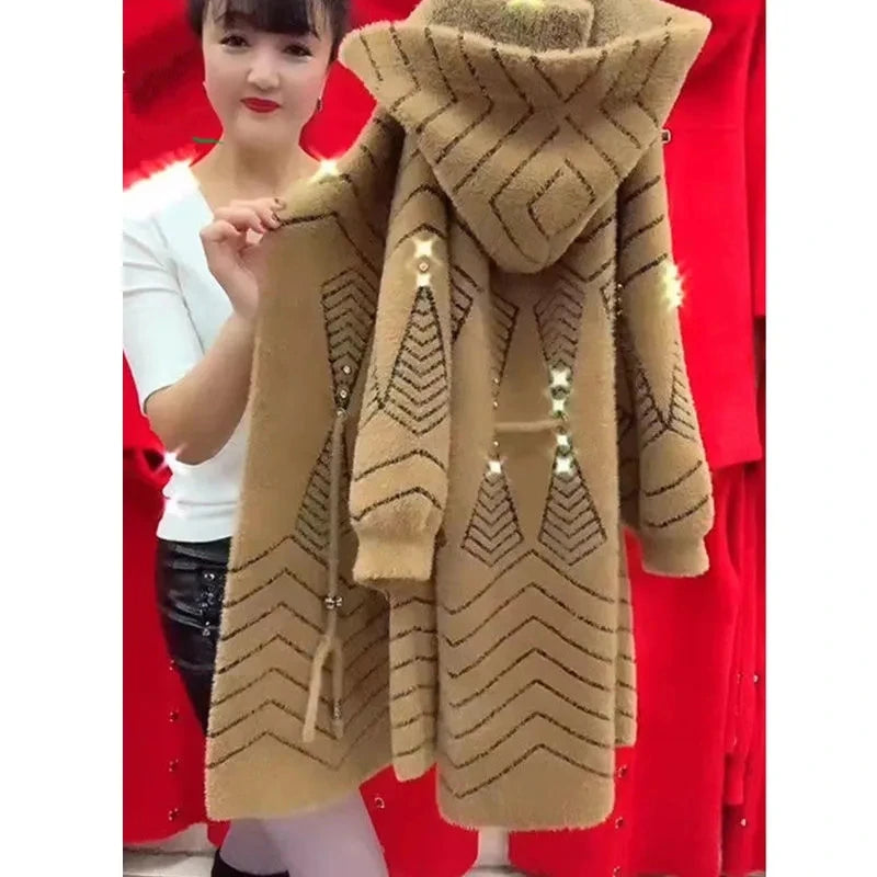 Women's Long Hooded Knit Cardigan Coat | Model Pink