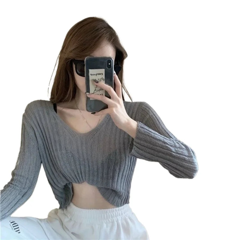 Women's Loose-Fit V-Neck Acrylic Knit Top