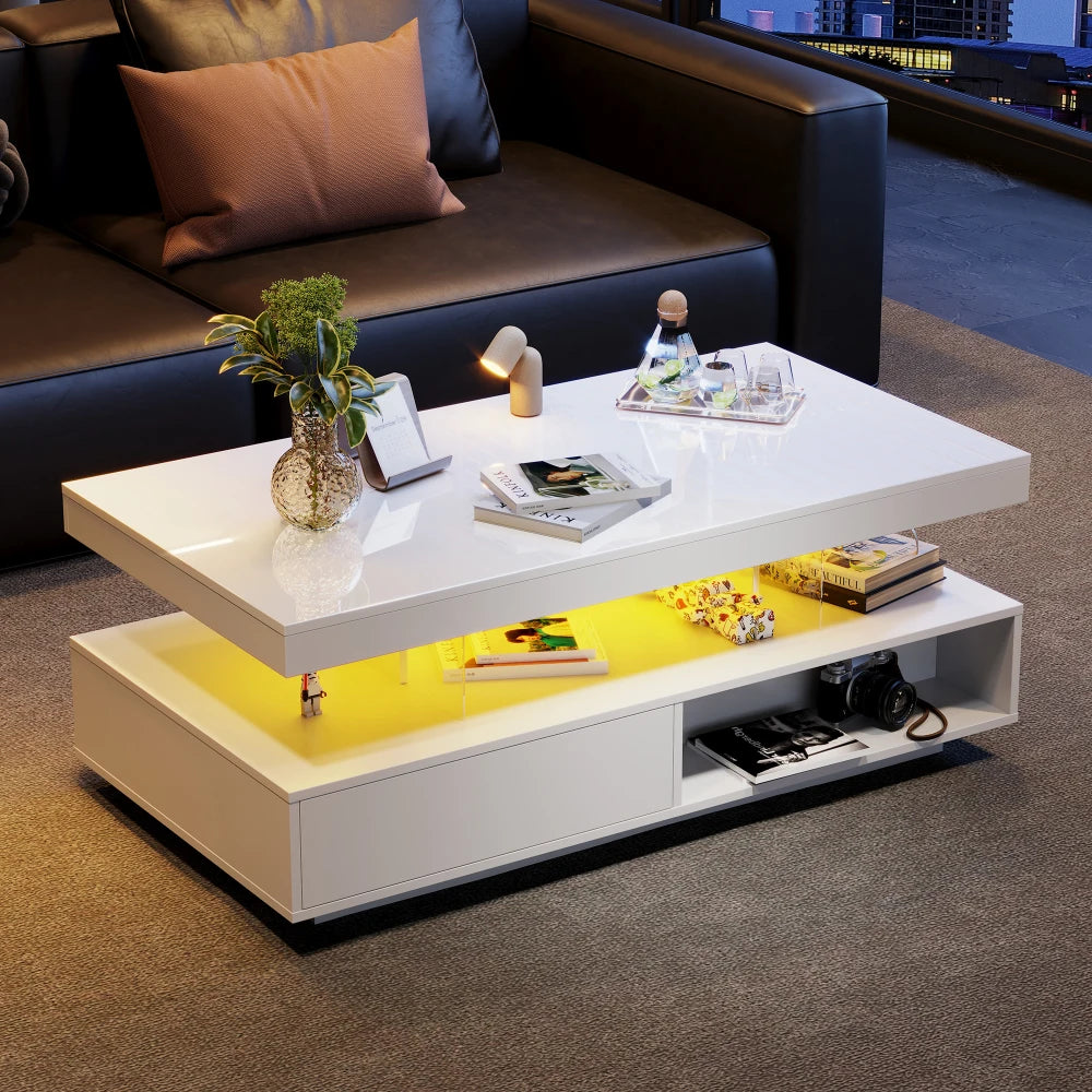 High-Gloss LED Coffee Table with Glass Inserts & 2 Drawers
