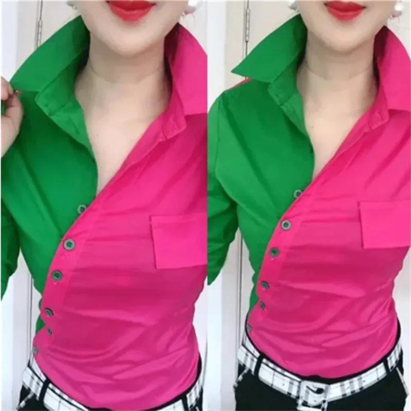 Red & Green Contrast Long-Sleeve Blouse