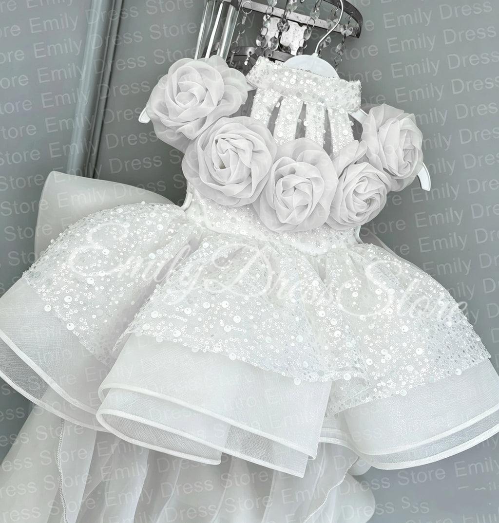 Champagne Tulle Flower Girl Dress with Floral Appliqué & Sequins