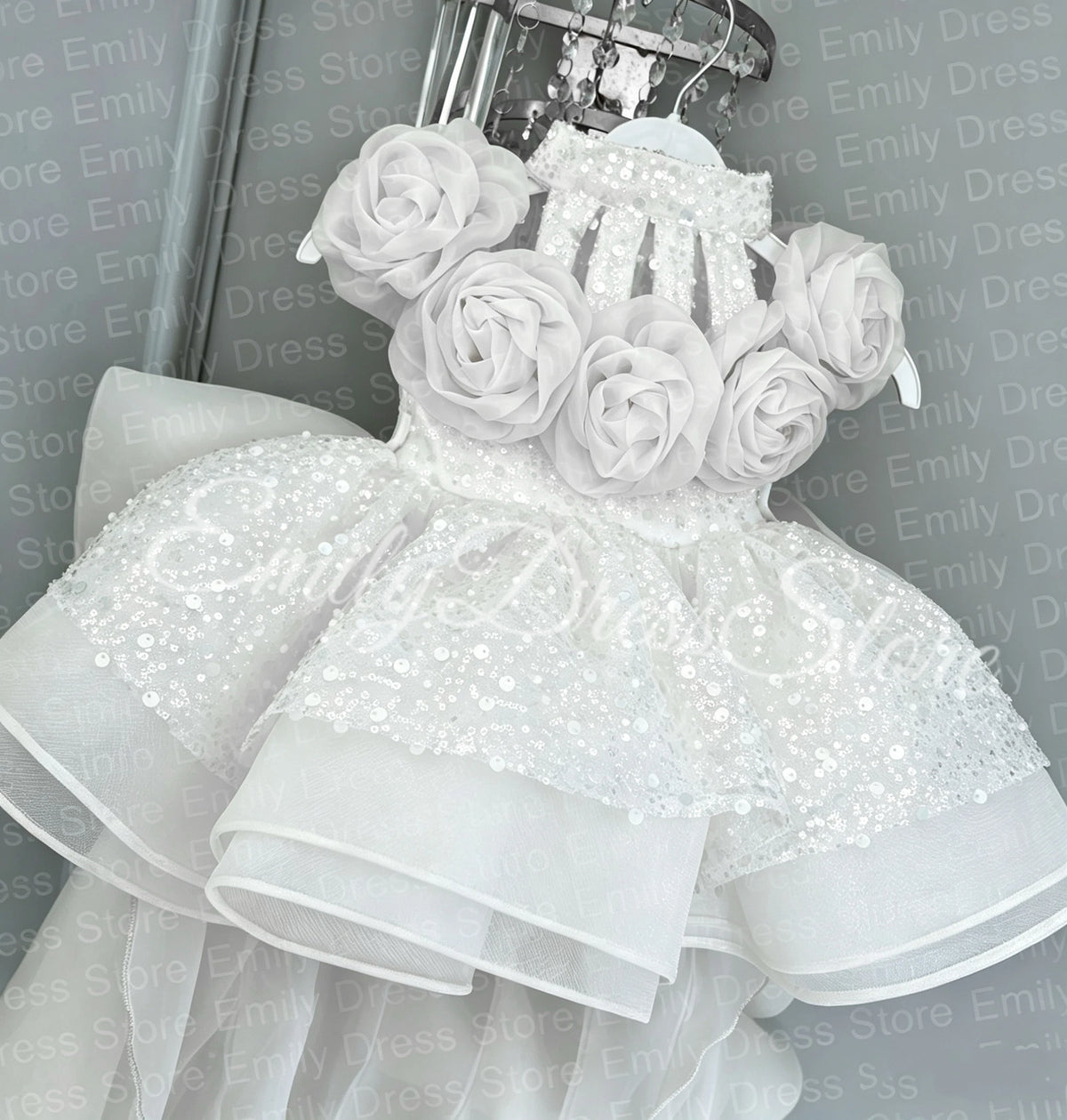 Champagne Tulle Flower Girl Dress with Floral Appliqué & Sequins