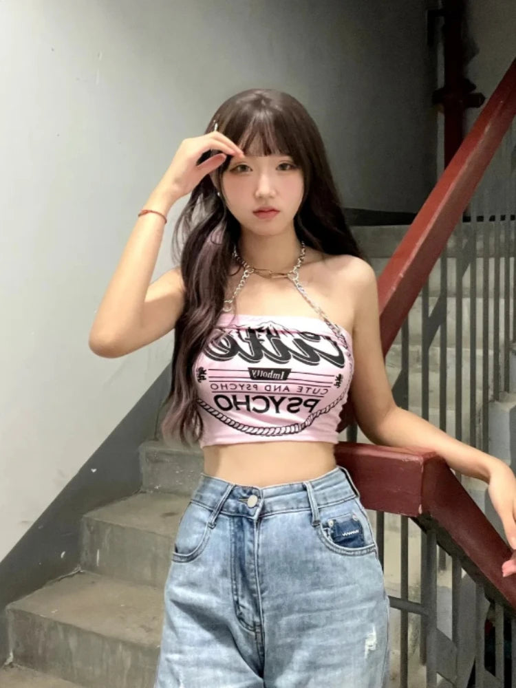 Women's Pink Backless Chain-Neck Tank Top