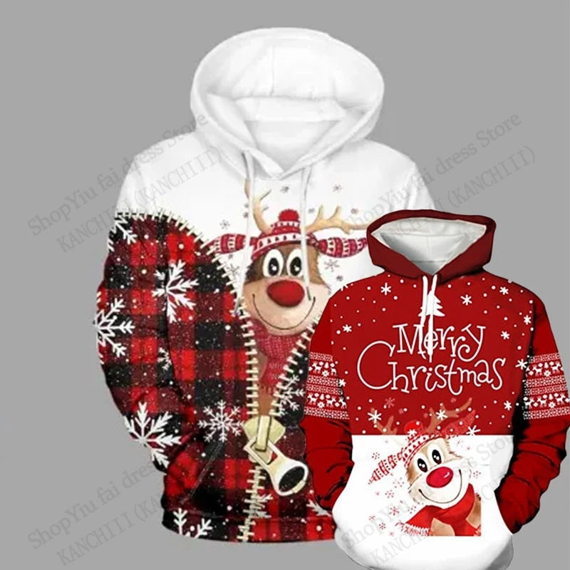 Christmas Reindeer & Snowflake Print Pullover Hoodie