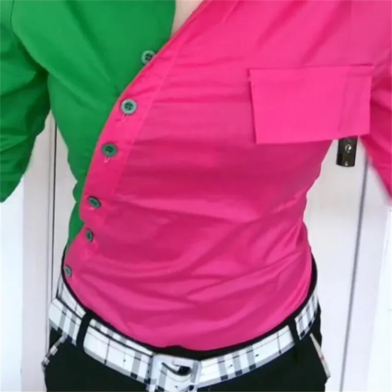 Red & Green Contrast Long-Sleeve Blouse