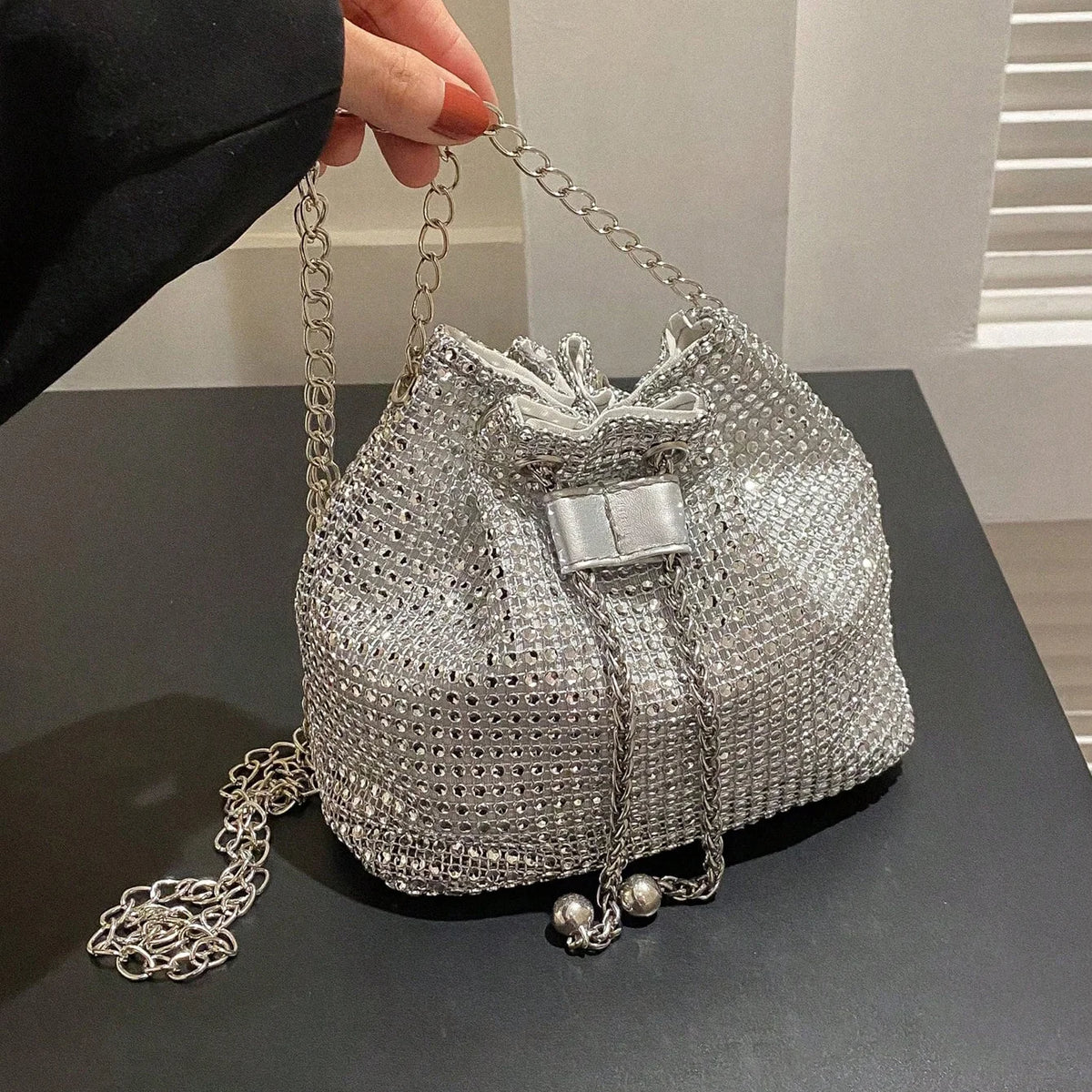 Rhinestone Drawstring Bucket Crossbody Bag