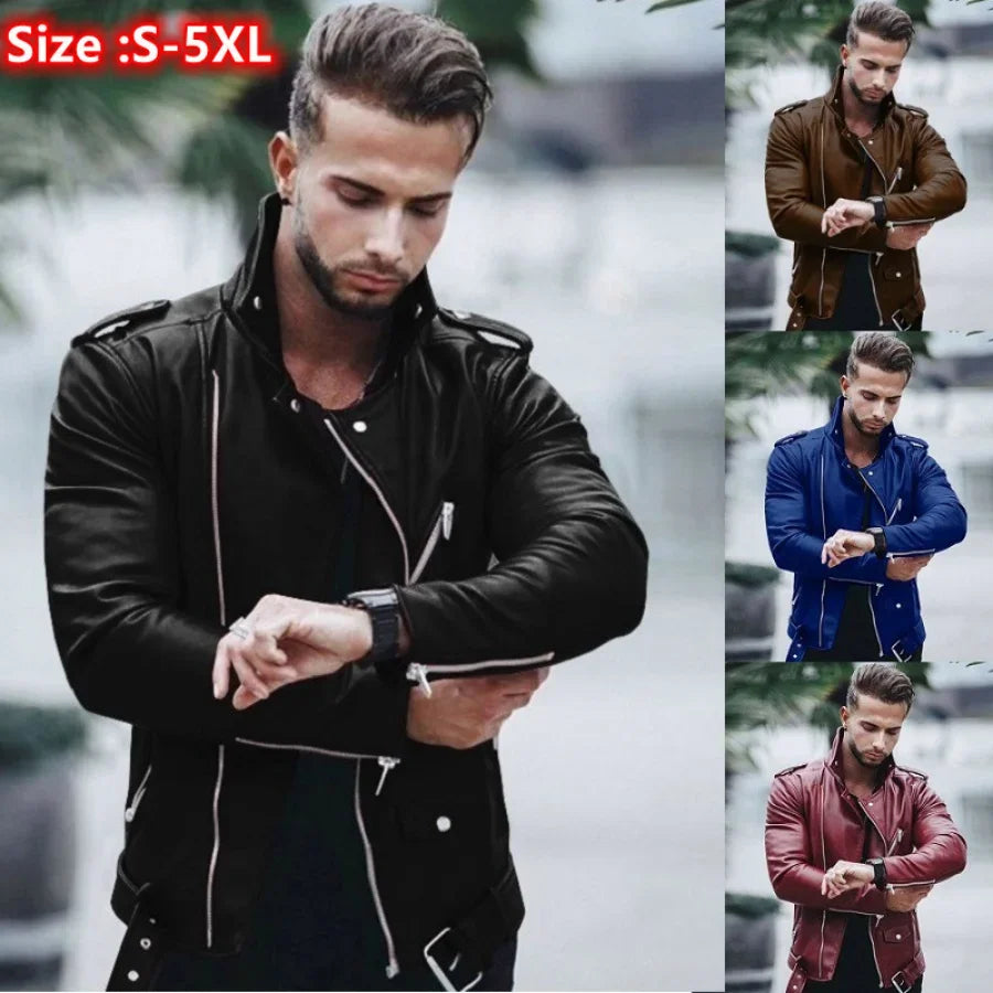 Men’s PU Faux-Leather Stand-Collar Jacket