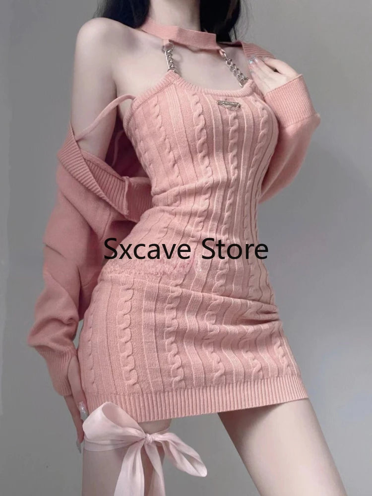 Women's Pink Knit Crop Top & Mini Dress Set