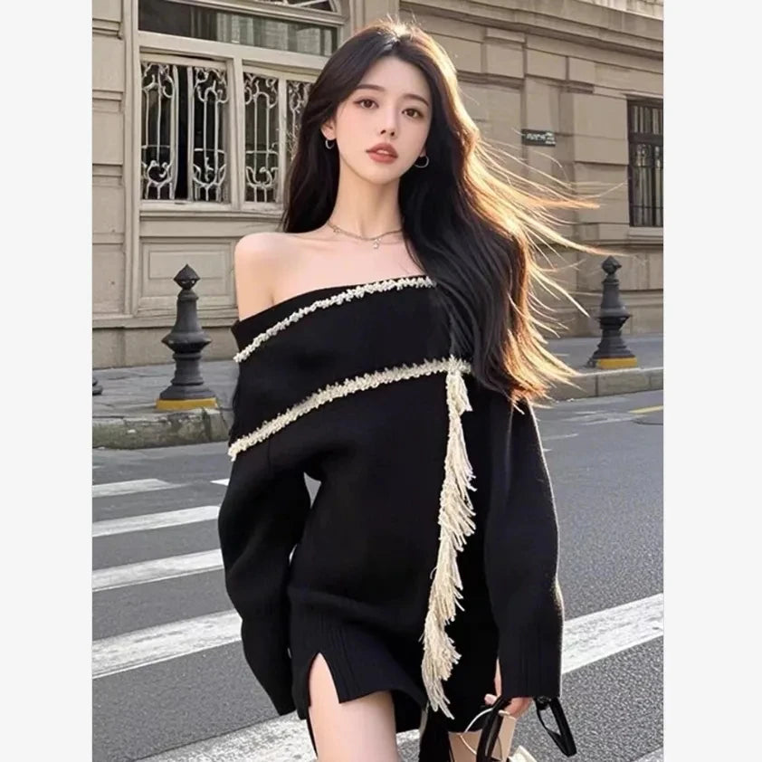 Off-Shoulder Long-Sleeve Knit Mini Dress