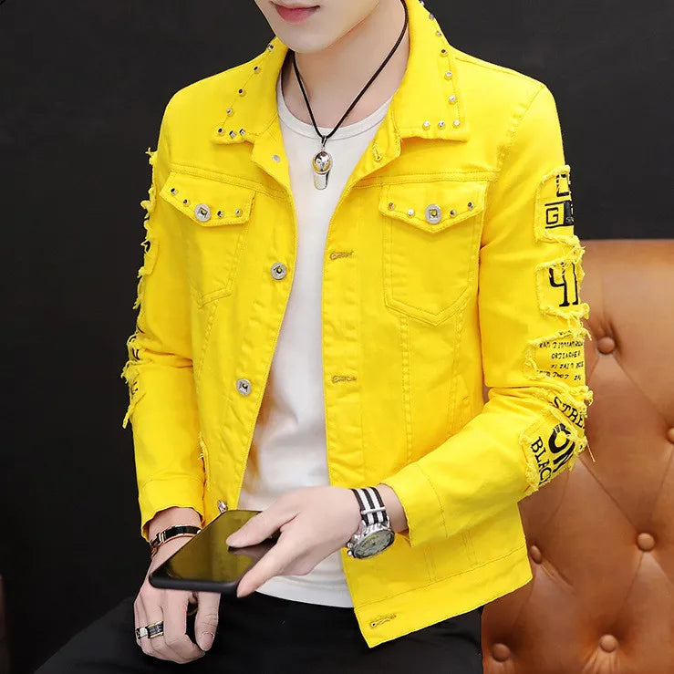 Men’s Rivet-Detail Distressed Slim-Fit Jacket