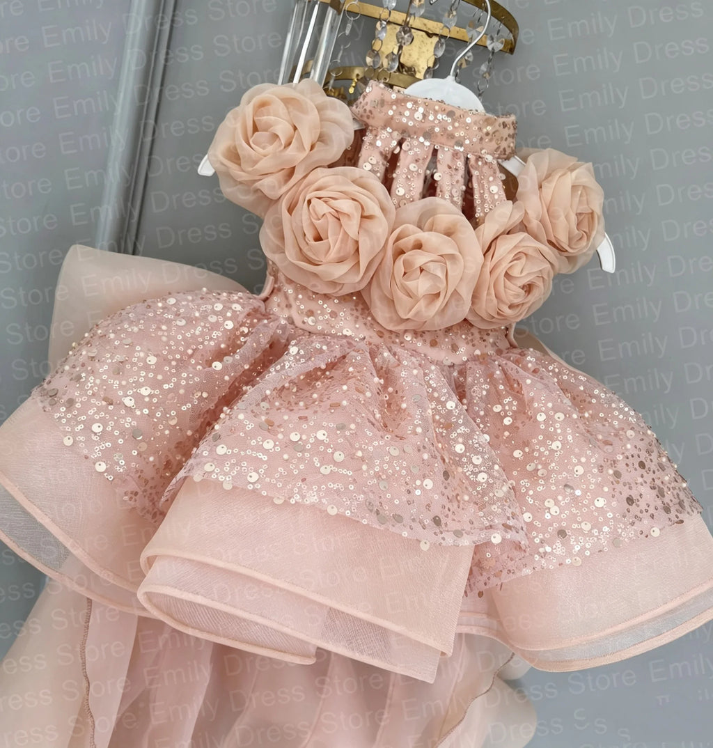 Champagne Tulle Flower Girl Dress with Floral Appliqué & Sequins
