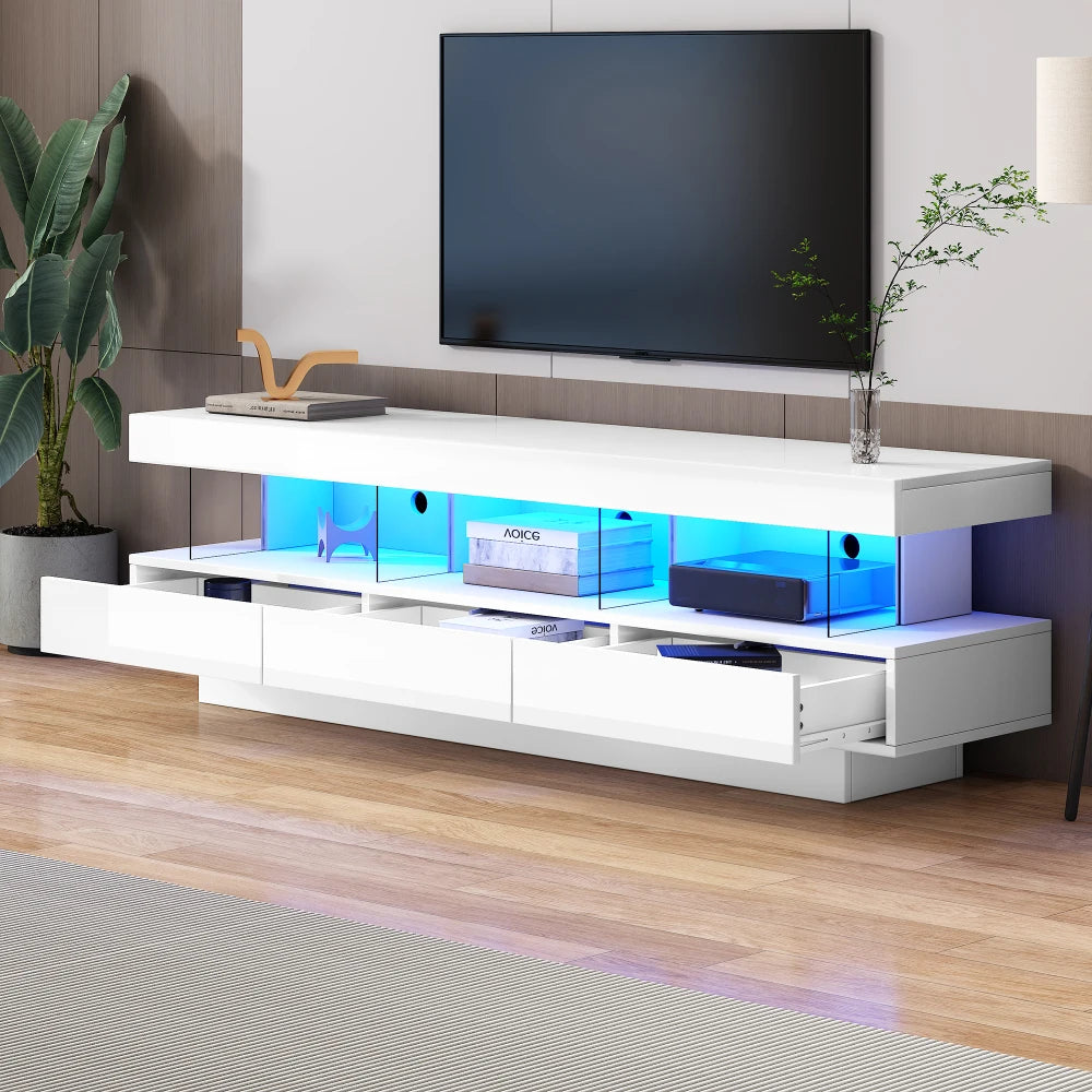 160 cm High-Gloss TV Stand with 3 Glass Compartments