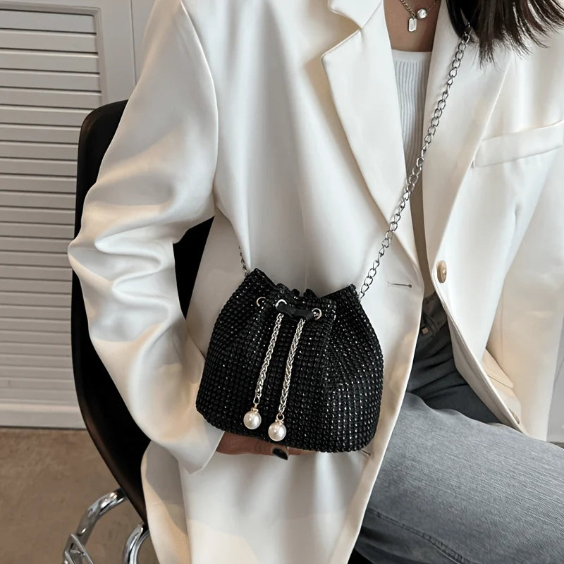 Rhinestone Drawstring Bucket Crossbody Bag