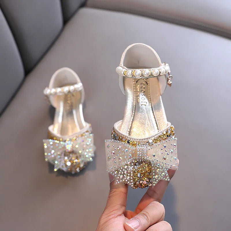 Girls' Leather Sandals with Sequin Bow Detail