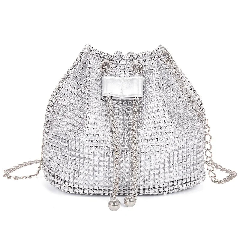 Rhinestone Drawstring Bucket Crossbody Bag