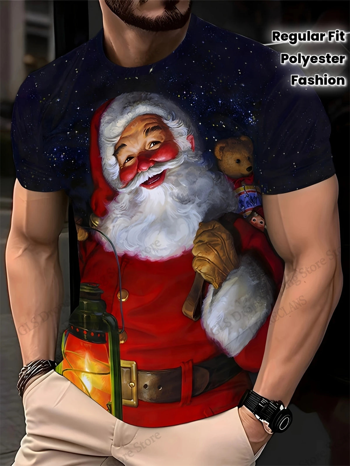 Christmas Tree & Santa Graphic Crew Neck T-Shirt