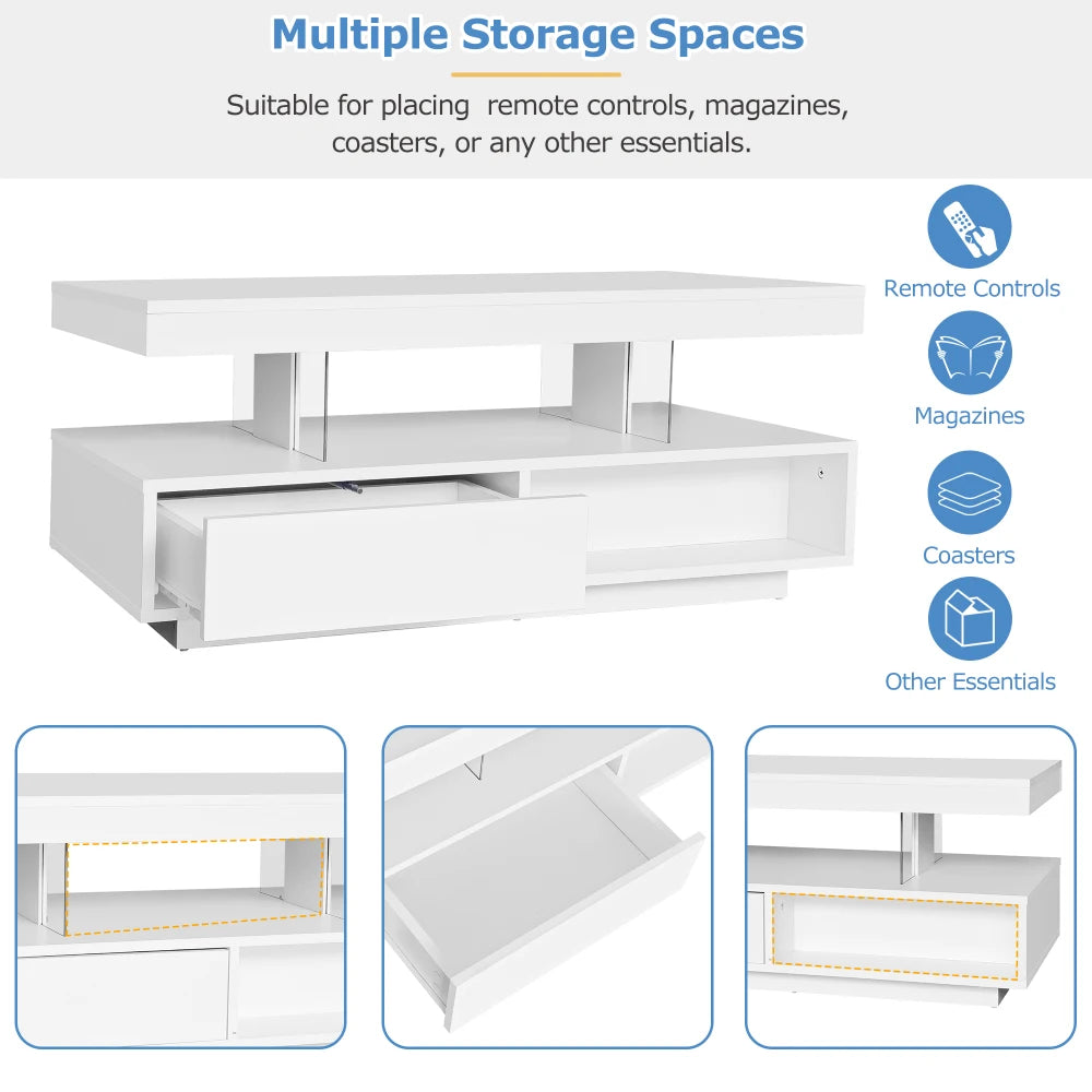 High-Gloss LED Coffee Table with Glass Inserts & 2 Drawers
