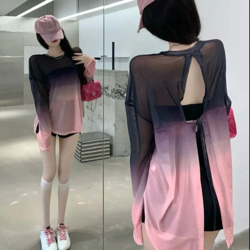 Women's Gradient Sheer Backless Long-Sleeve Top