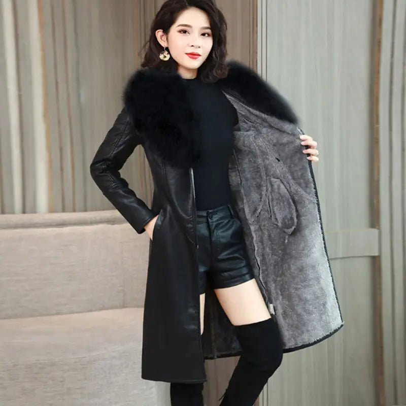 Women's Mid-Length PU Coat with Detachable Fur Collar | Model Pink
