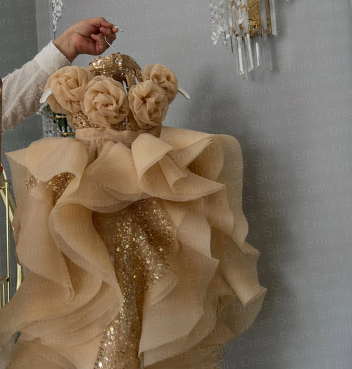 Champagne Tulle Flower Girl Dress with Floral Appliqué & Sequins