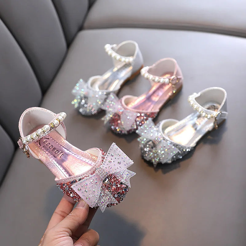 Girls' Leather Sandals with Sequin Bow Detail