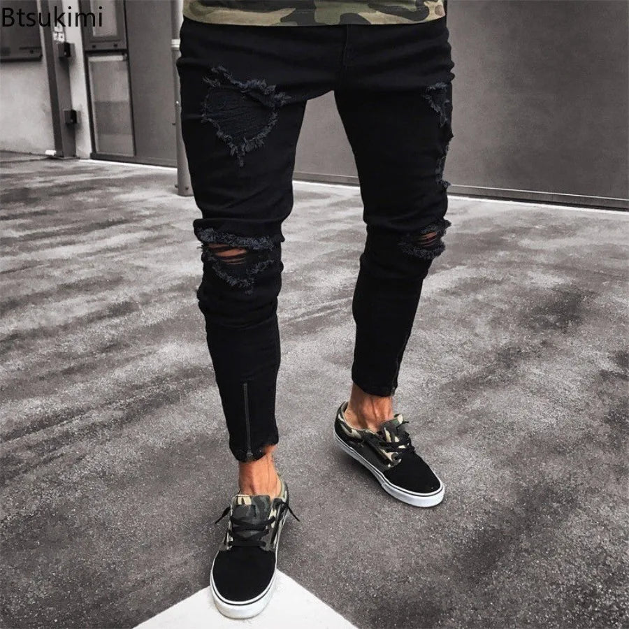 Men’s Black Ripped Stretch Denim Jeans