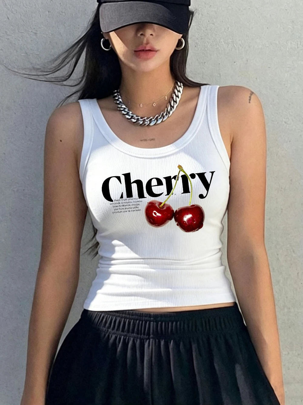 Cherry Print Ribbed Knit Tank Top