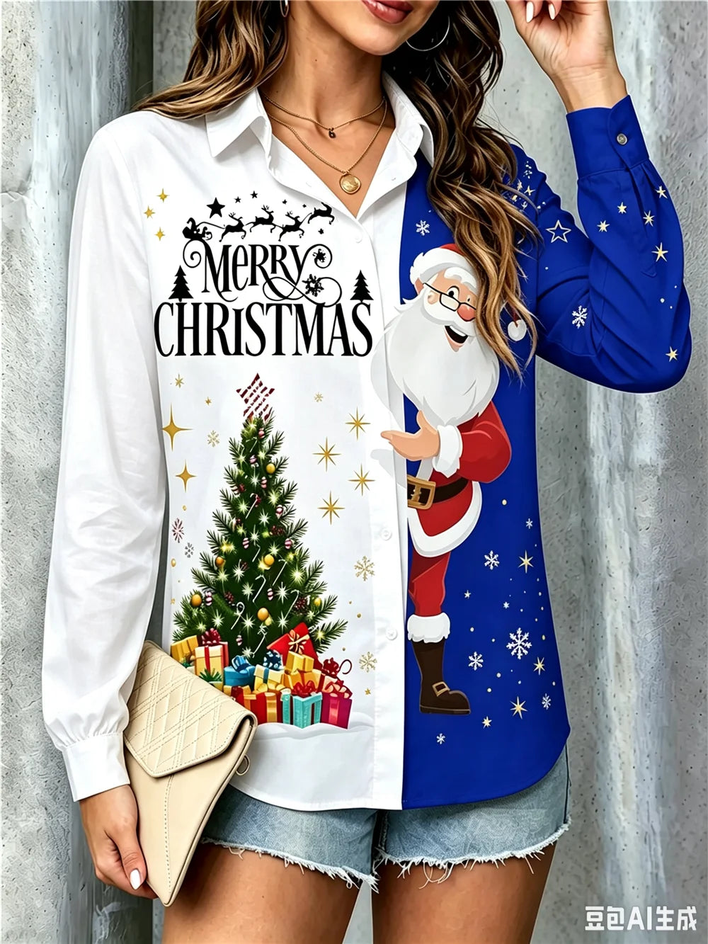 Christmas Tree & Santa Print Long-Sleeve Button-Up Shirt