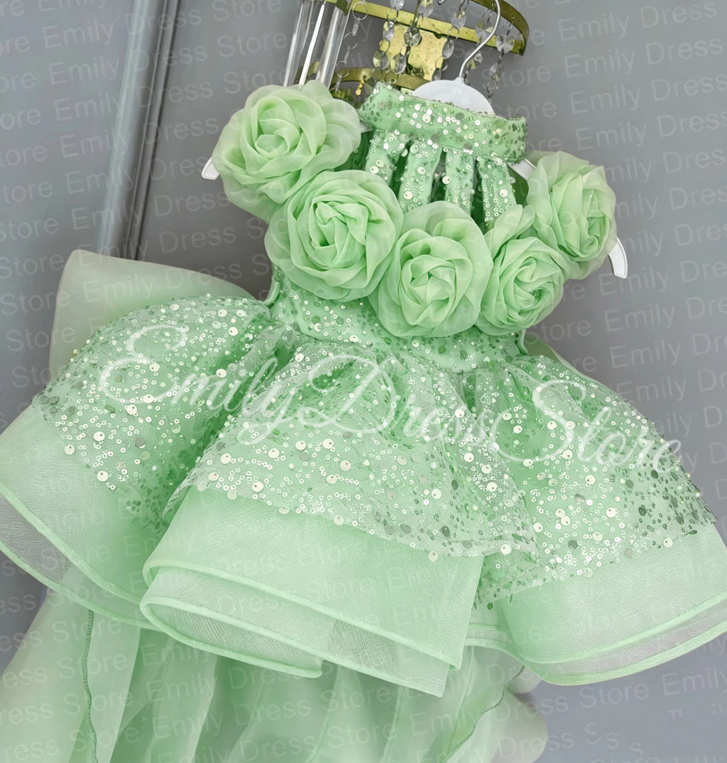 Champagne Tulle Flower Girl Dress with Floral Appliqué & Sequins
