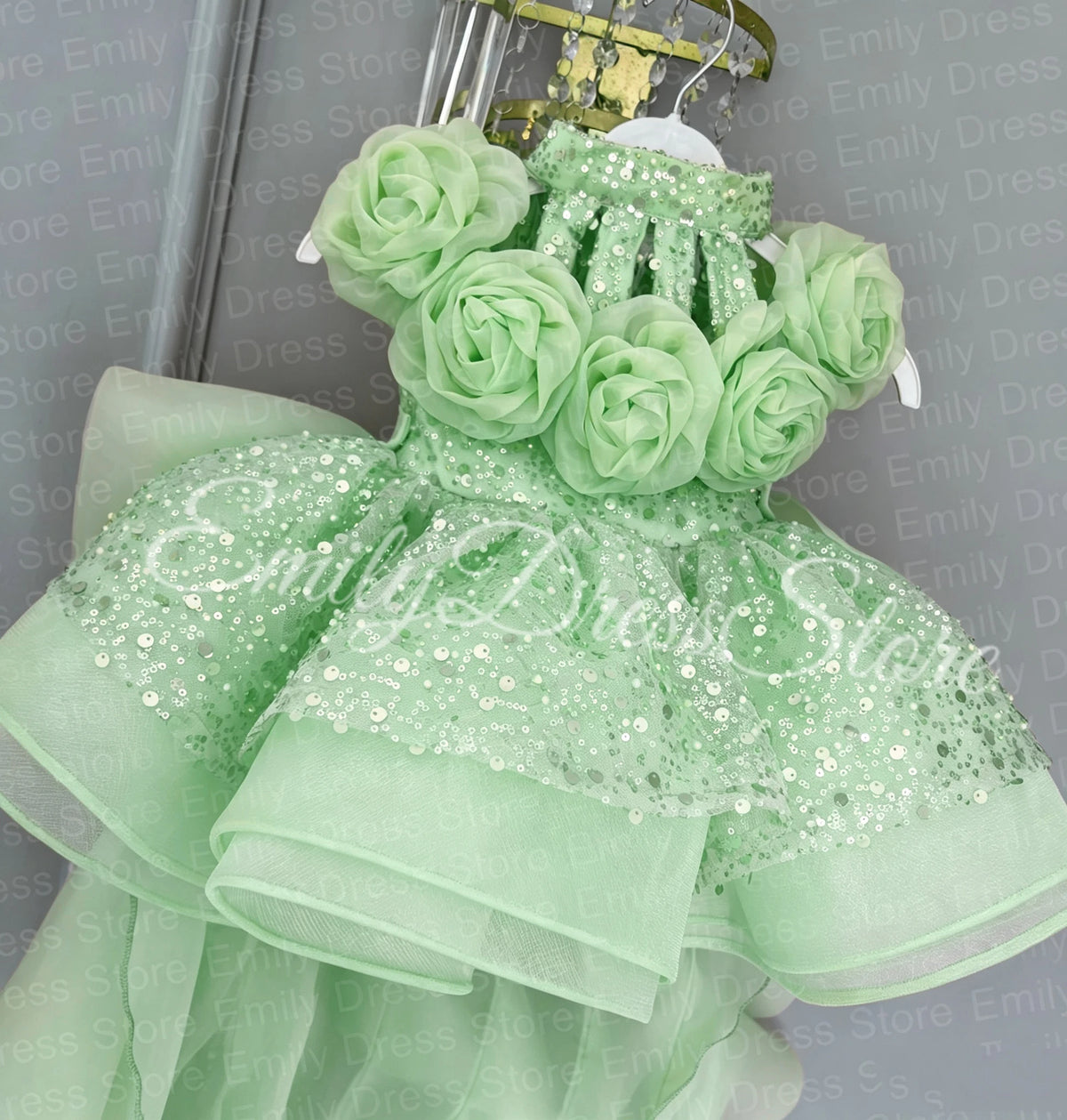 Champagne Tulle Flower Girl Dress with Floral Appliqué & Sequins