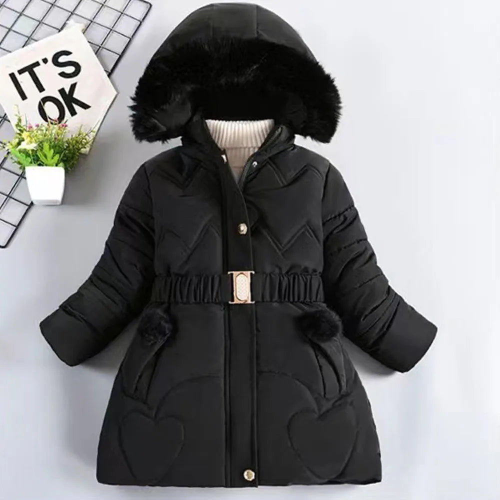 Girls' Hooded Winter Coat with Fur-Style Collar | Model Pink