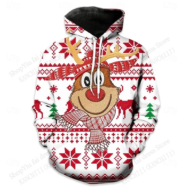 Christmas Reindeer & Snowflake Print Pullover Hoodie