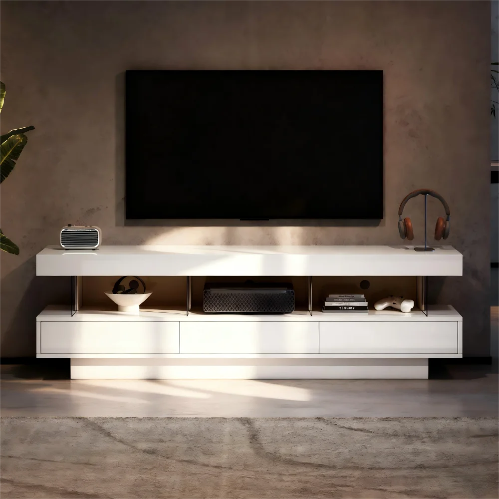160 cm High-Gloss TV Stand with 3 Glass Compartments