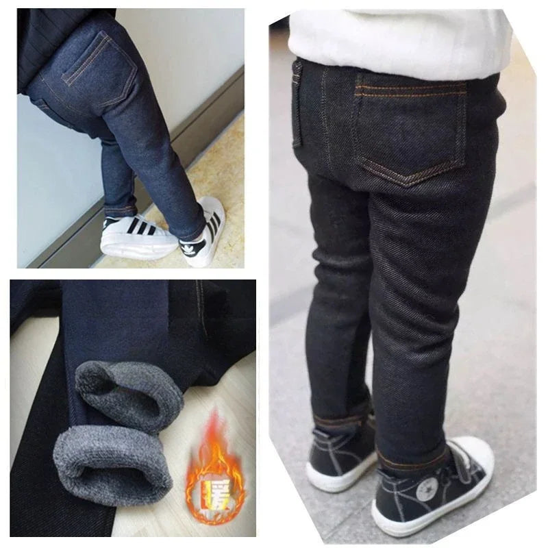 Kids' Fleece-Lined Denim Jeans with Elastic Waist